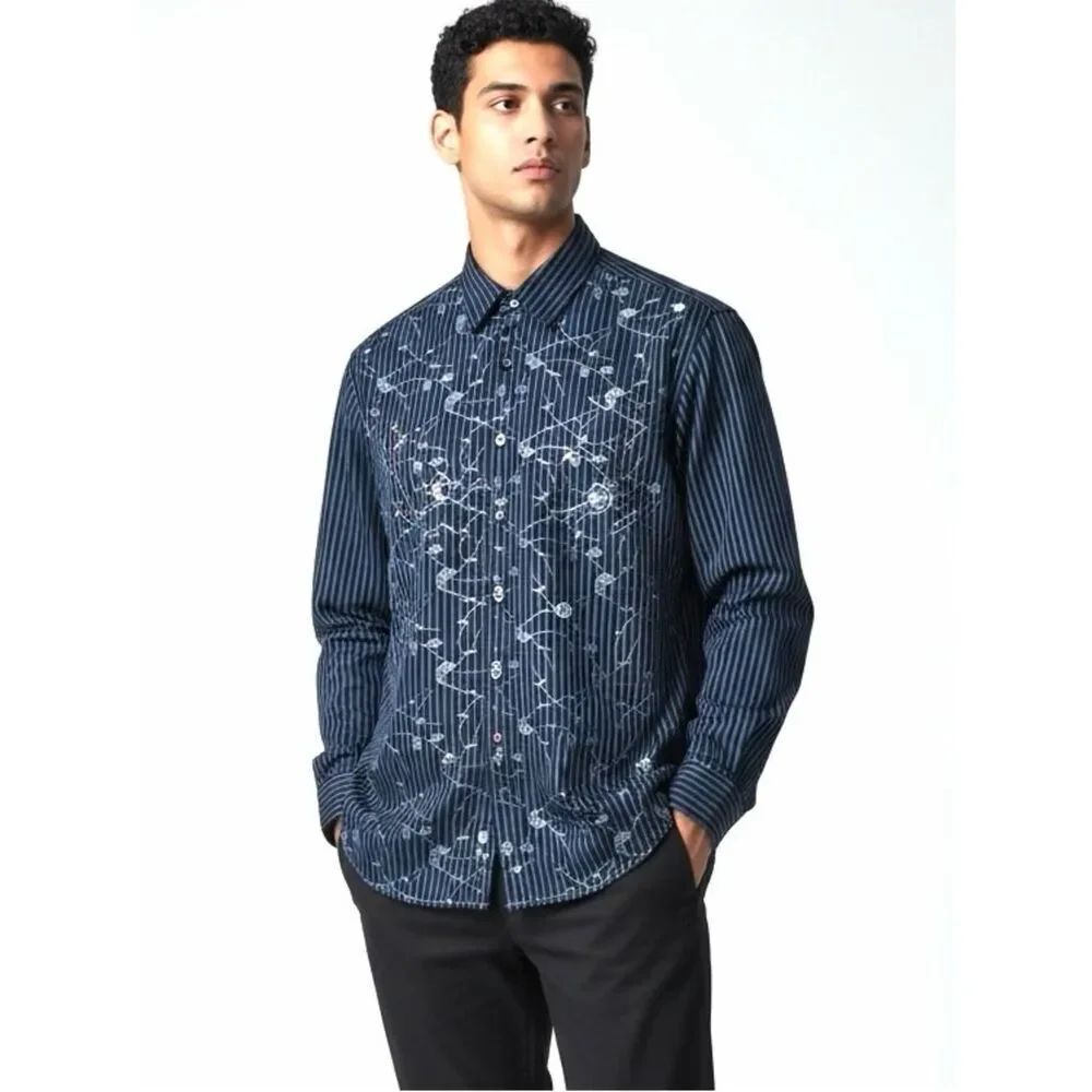 Bugatchi Uomo Men's Cotton Striped Navy Blue Embroidered Button Down Shirt XXL